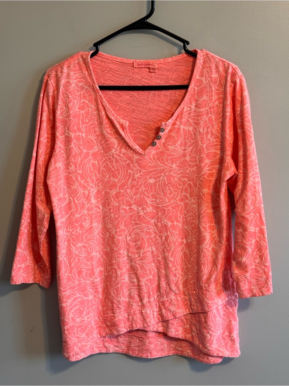 Fresh Produce Women’s M Coral Floral Cotton 3/4 Sleeve Henley Top Made USA